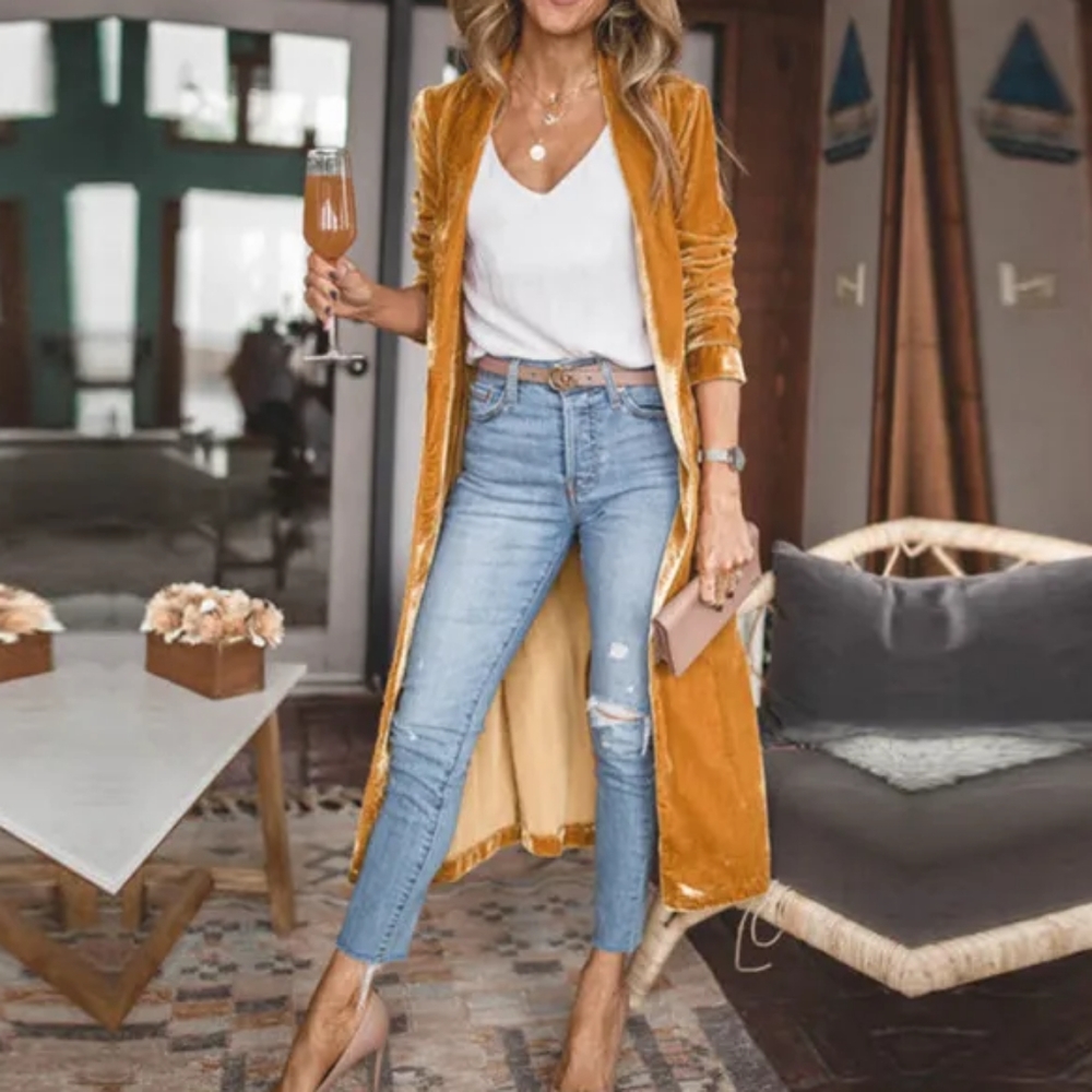 Women's Long Velvet Cardigan Jacket in Goldenrod sz small
